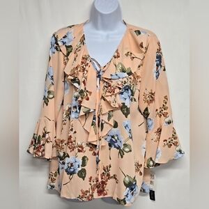 My Michelle XL Peach Floral Top Ruffles Tie Front New